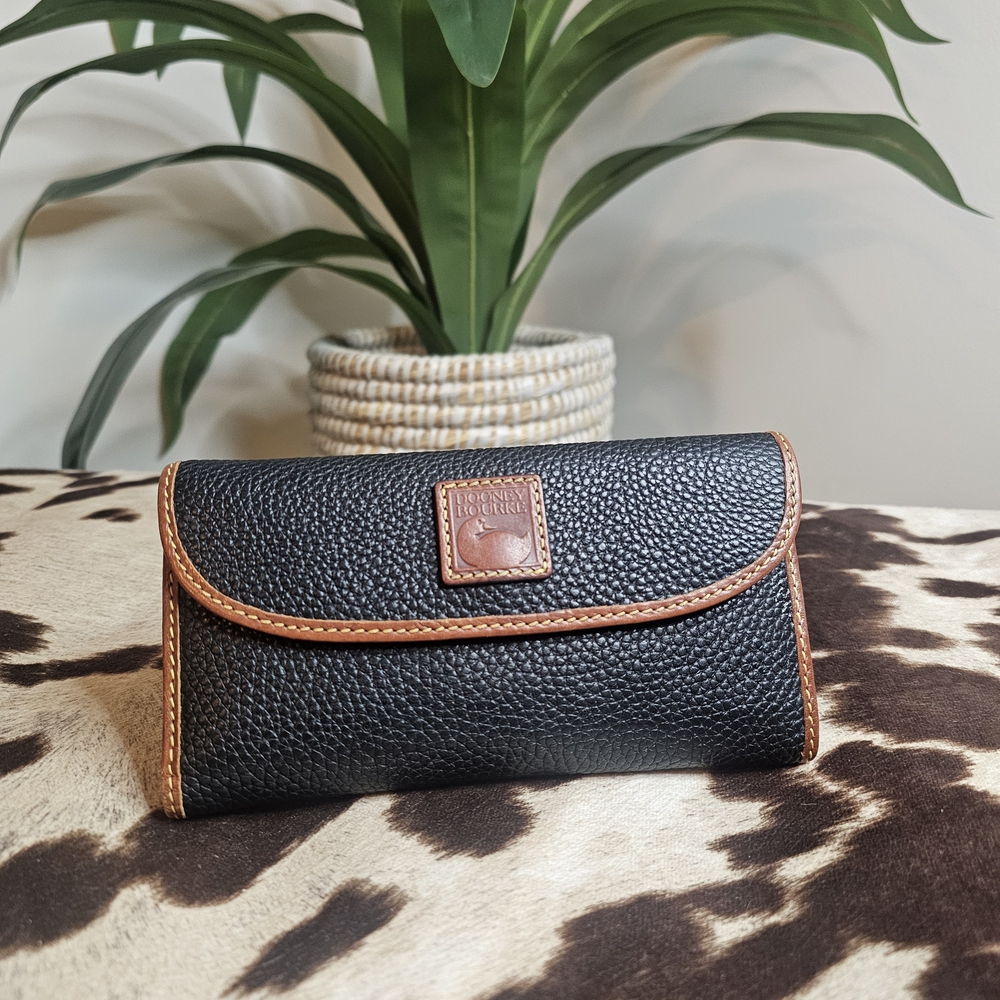 Dooney & Bourke Black Pebbled Leather Wallet with Brown Trim
